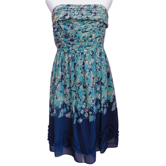 SALE Lauren Conrad Floral Strapless Dress Sz 10 Blue Green Knee Length - Picture 1 of 11